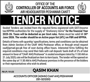 Air Headquarters Peshawar Tender Notice